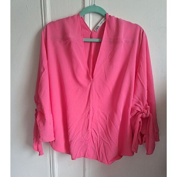 Zara Womens Large Batwing Pink Top Tie Sleeve Blouson - Picture 2 of 6